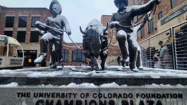 Apr 22, 2023; Boulder, CO, USA; General view outside of Folsom Field before the start of a Colorado Buffaloes spring football game. Mandatory Credit: Ron Chenoy-USA TODAY Sports